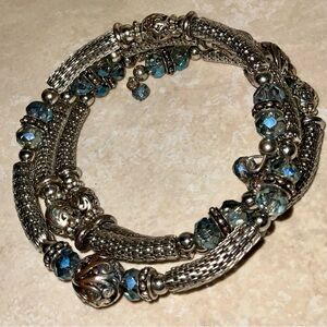 Coil Bracelet Silver-Tone Metal Blue & Silver Beads